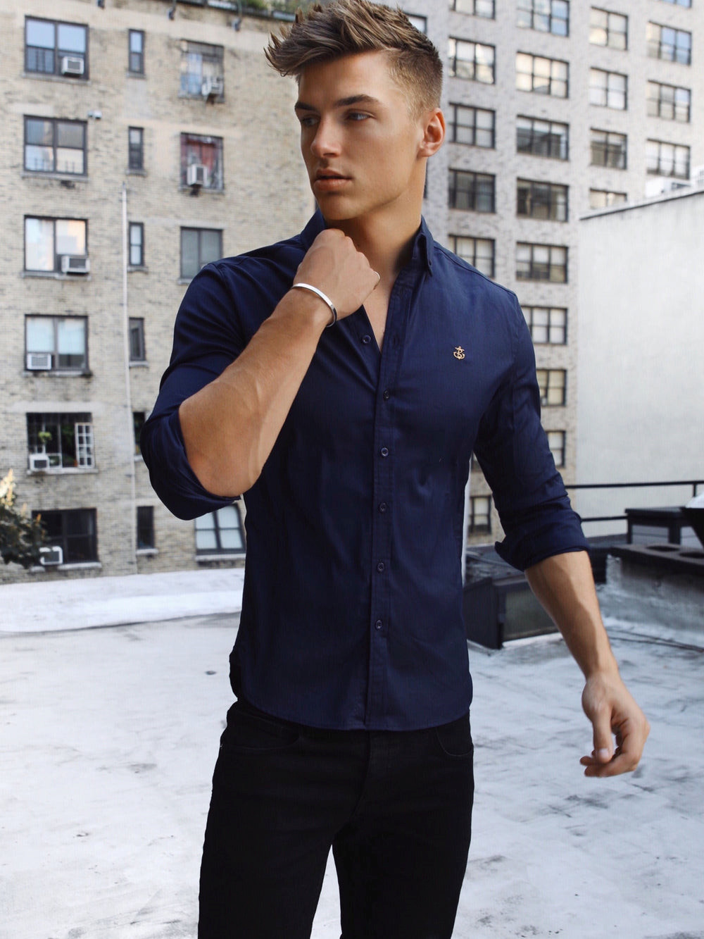 Blakely Albany Fitted Stretch Shirt Navy | HULOWYJ-54