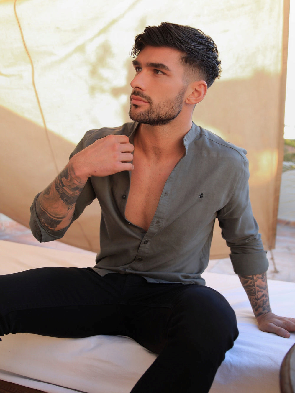 Blakely Berkane Linen Shirt Khaki | OJNLIEZ-21
