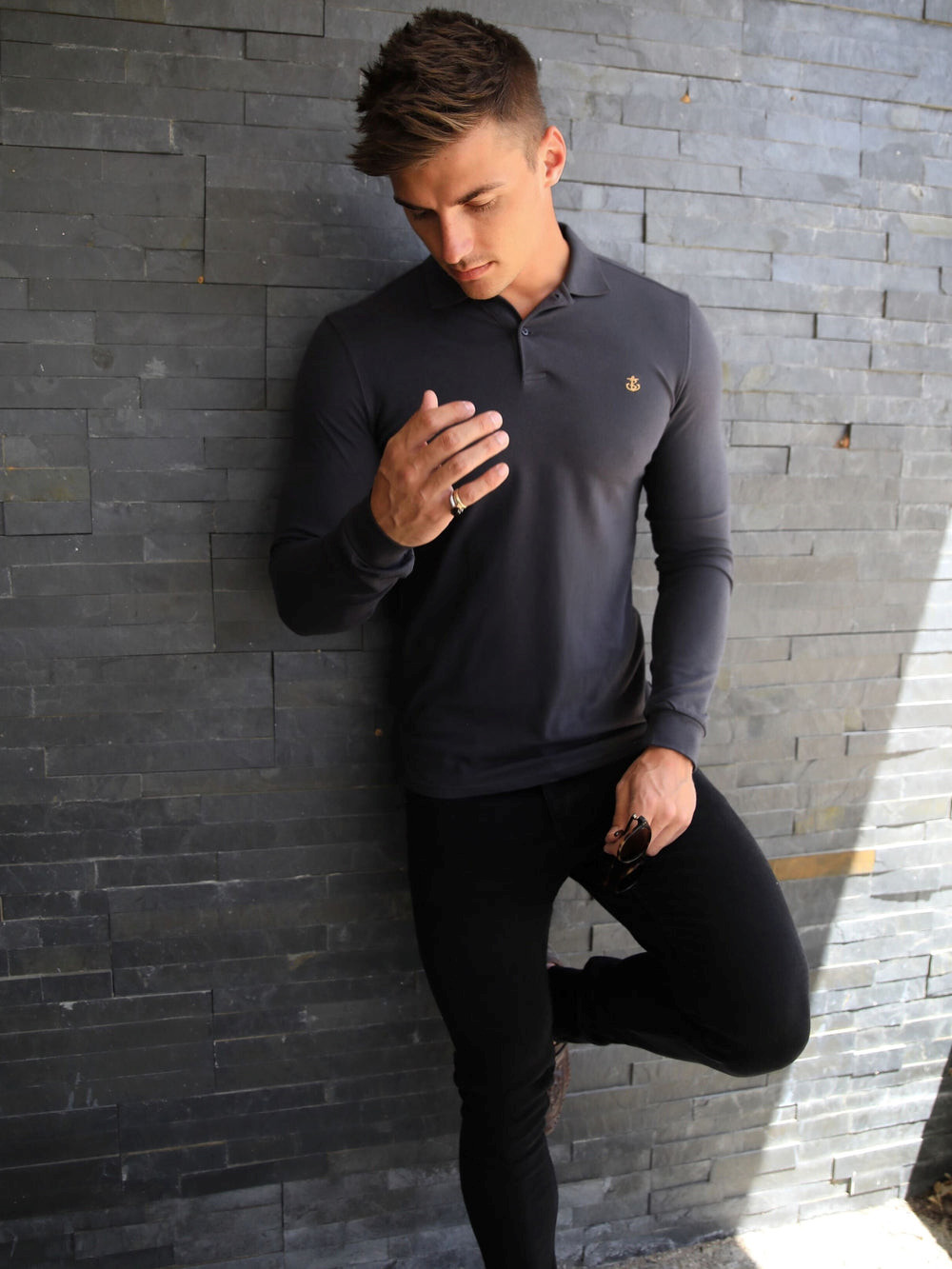 Blakely Harrow Long-Sleeve Polo Shirt Charcoal | TBFCXWY-73