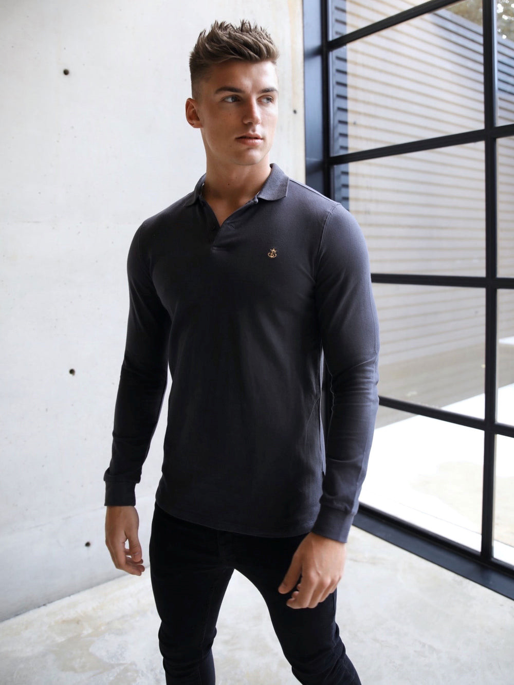 Blakely Harrow Long-Sleeve Polo Shirt Charcoal | TBFCXWY-73