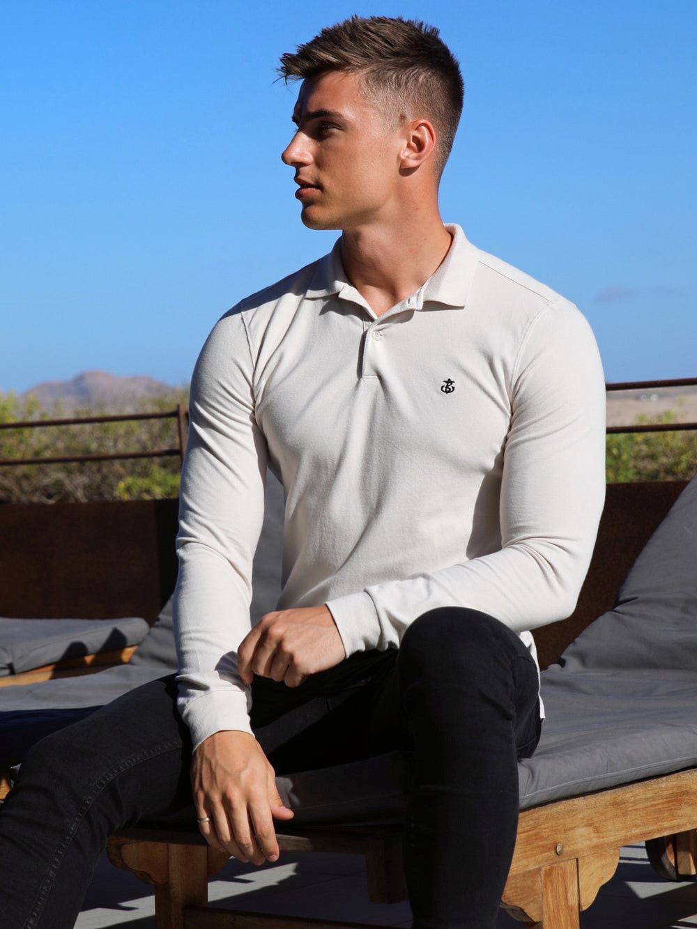 Blakely Harrow Long-Sleeve Polo Shirt Stone | GMBLUSN-05