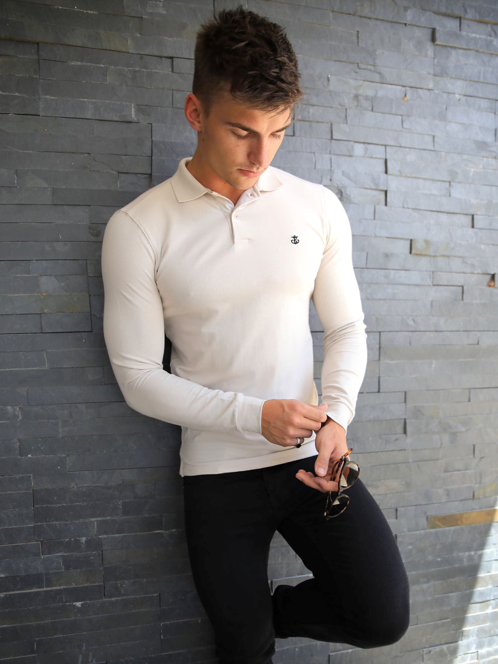 Blakely Harrow Long-Sleeve Polo Shirt Stone | GMBLUSN-05