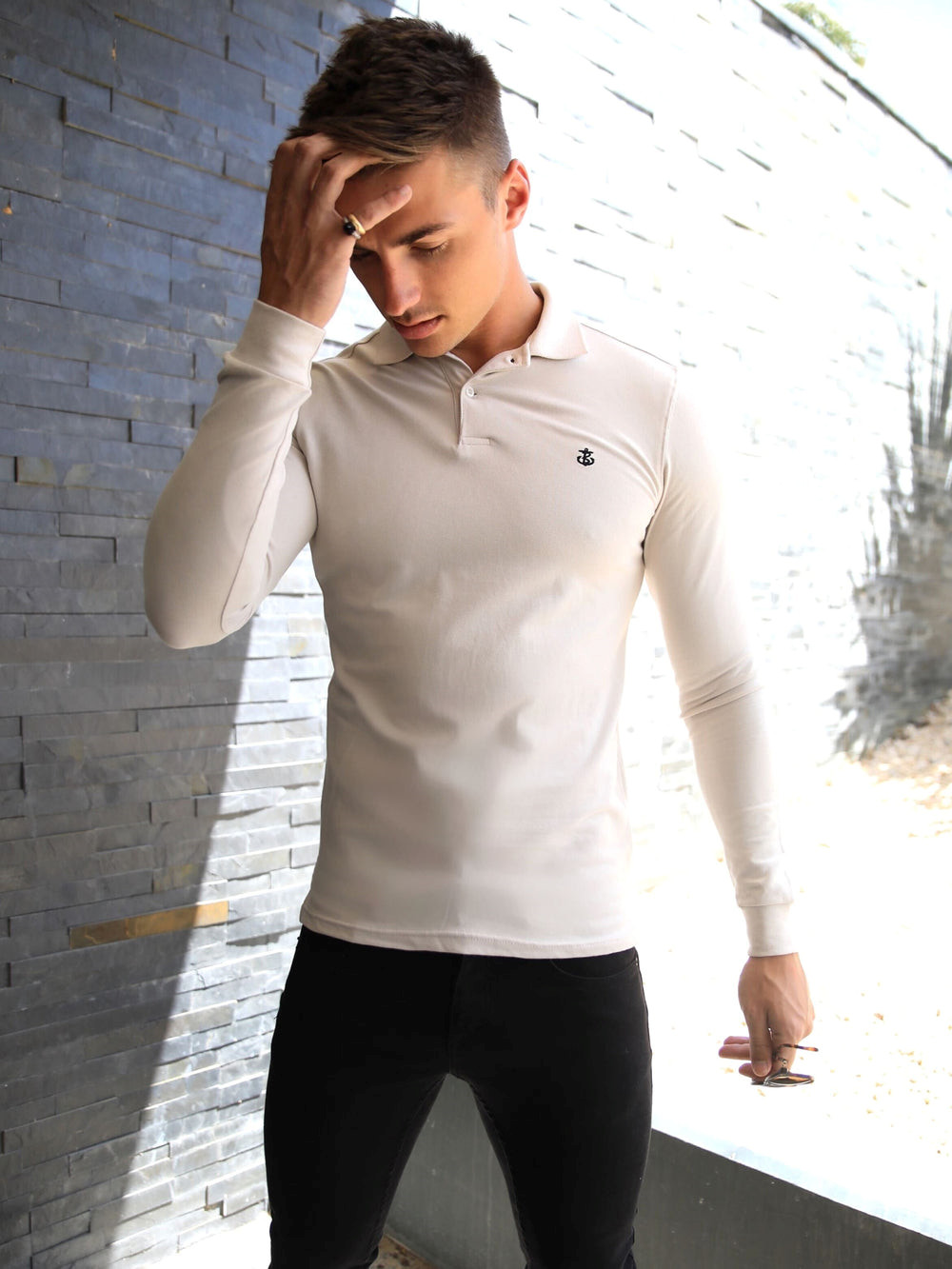 Blakely Harrow Long-Sleeve Polo Shirt Stone | GMBLUSN-05