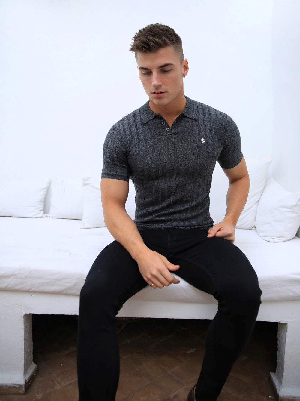 Blakely Sidi Textured Stripe Polo Charcoal | ZGVOYPF-42