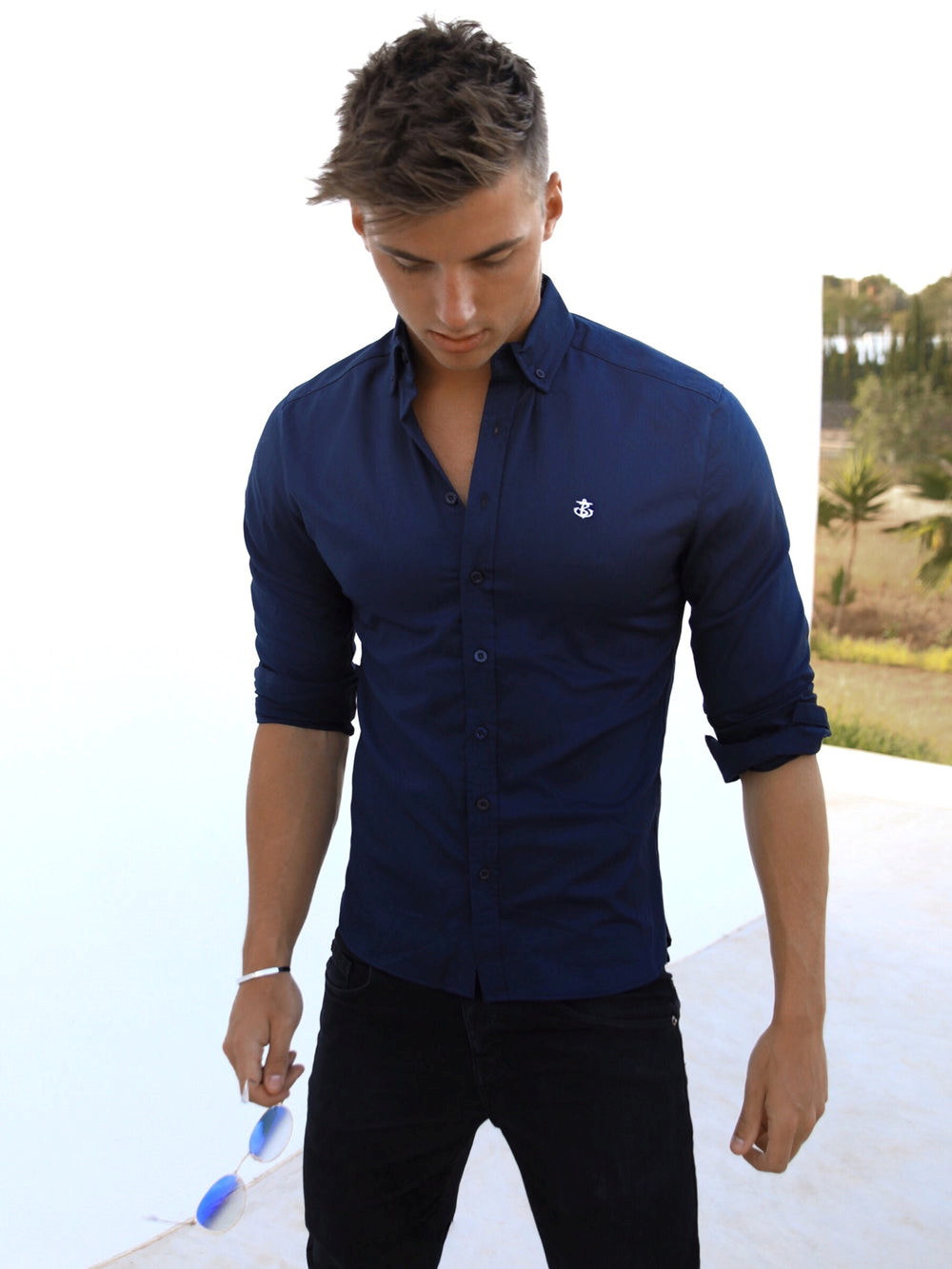 Blakely Worcester Fitted Stretch Shirt Navy | RYVMLUO-14